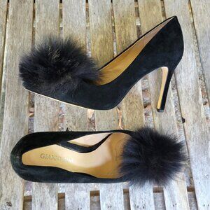 GIANNI BINI Black Suede Faux Fur Pom Pom Pumps Heels Shoes 7